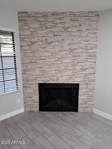 a room with a fireplace