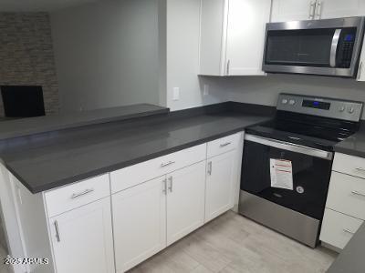 3719 East Inverness Avenue, Unit 91 Mesa, AZ 85206 - Photo 9 of 28 a kitchen with stainless steel appliances a stove microwave and sink
