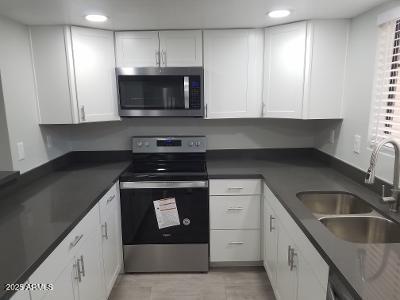 3719 East Inverness Avenue, Unit 91 Mesa, AZ 85206 - Photo 10 of 28 a kitchen with granite countertop a stove and a sink