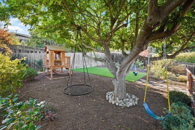 a view of a yard with a house in the background