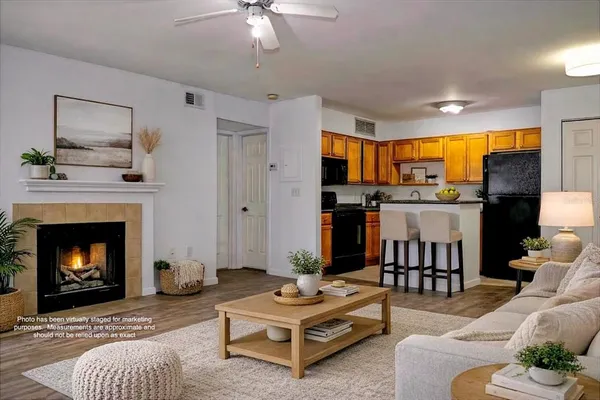 a living room with furniture and a fireplace