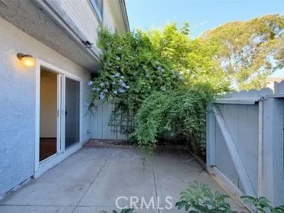 a view of backyard with potted plants and wooden fence