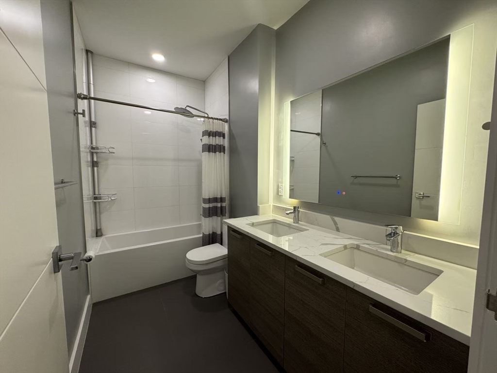 30 Penniman Road, Unit 307 Boston, MA 02134 - Photo 10 of 10 a bathroom with a double vanity sink toilet mirror and shower