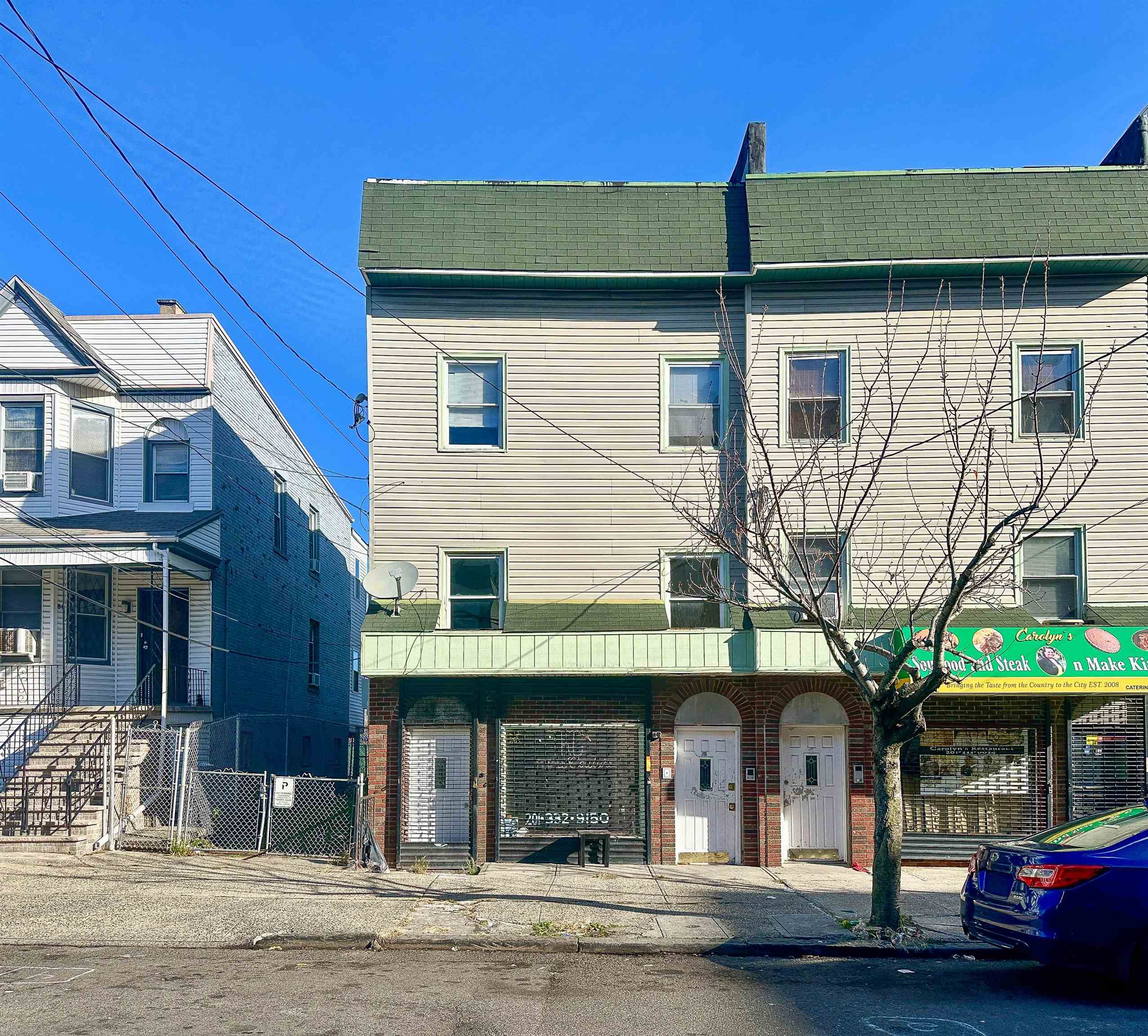 a front view of a building with street