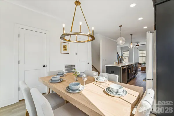 a view of a dining room with furniture