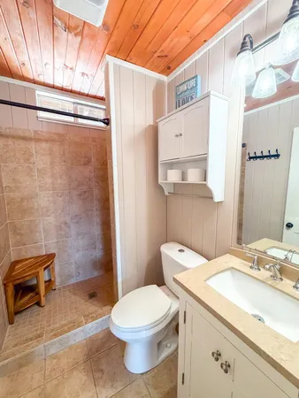 a bathroom with a sink a toilet and shower