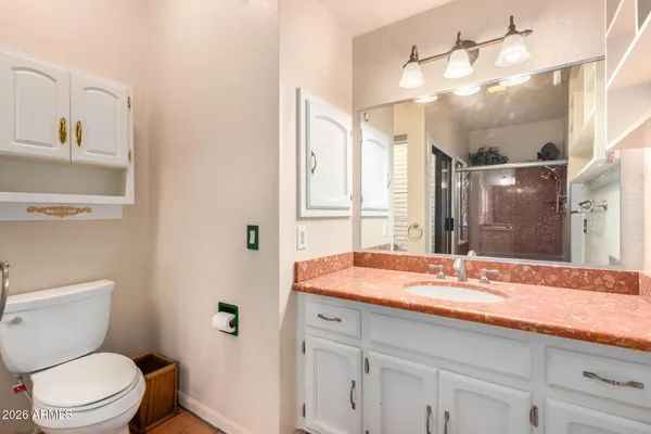 a bathroom with a sink a toilet a large mirror and vanity