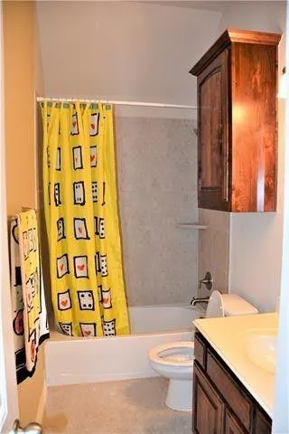 a bathroom with a sink a toilet and shower curtain