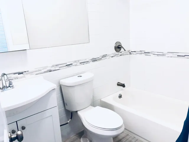 a white toilet sitting next to a bath tub