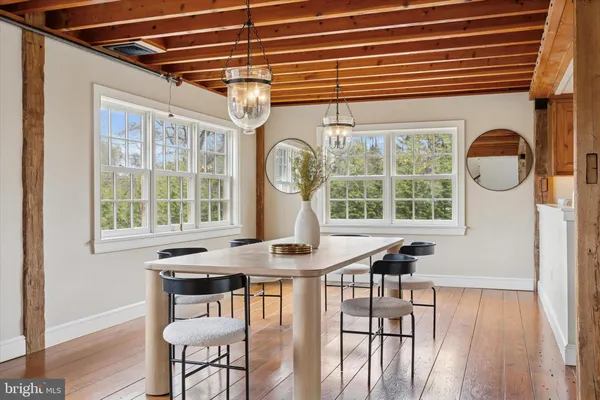 a view of a dining room with furniture window and outside view