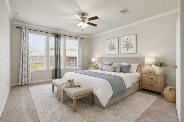 a spacious bedroom with a bed a dresser and potted plants