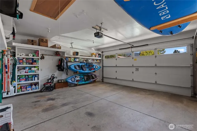 a view of a garage with storage
