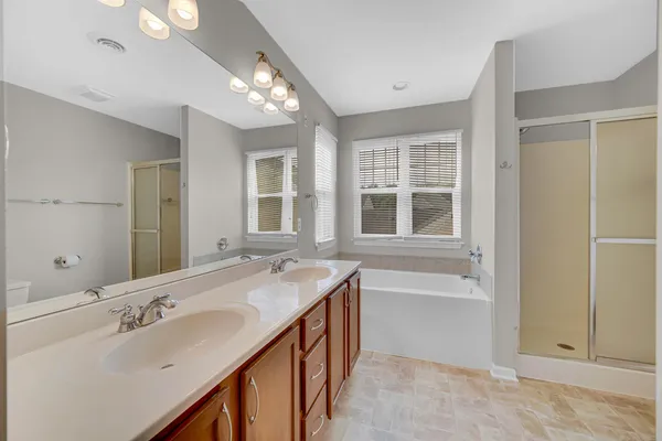 a bathroom with a tub sink and mirror