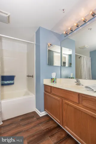 a bathroom with a tub sink and mirror