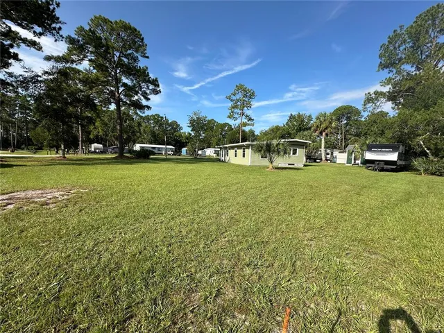 a view of a field of grass and trees