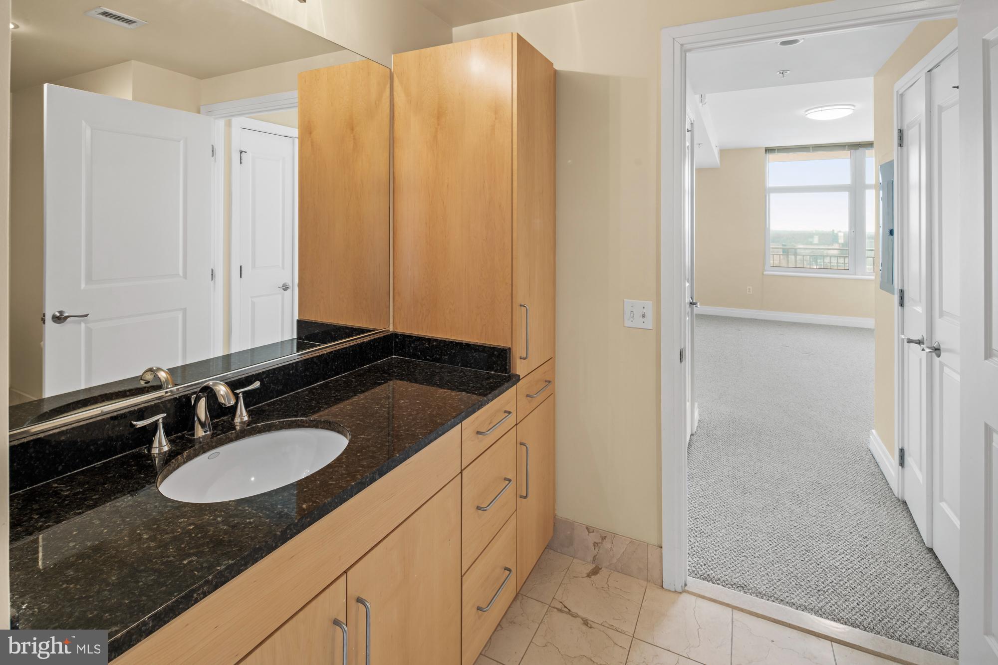 8220 Crestwood Heights Drive, Unit 1215 McLean, VA 22102 - Photo 21 of 59 a bathroom with a granite countertop sink and a mirror