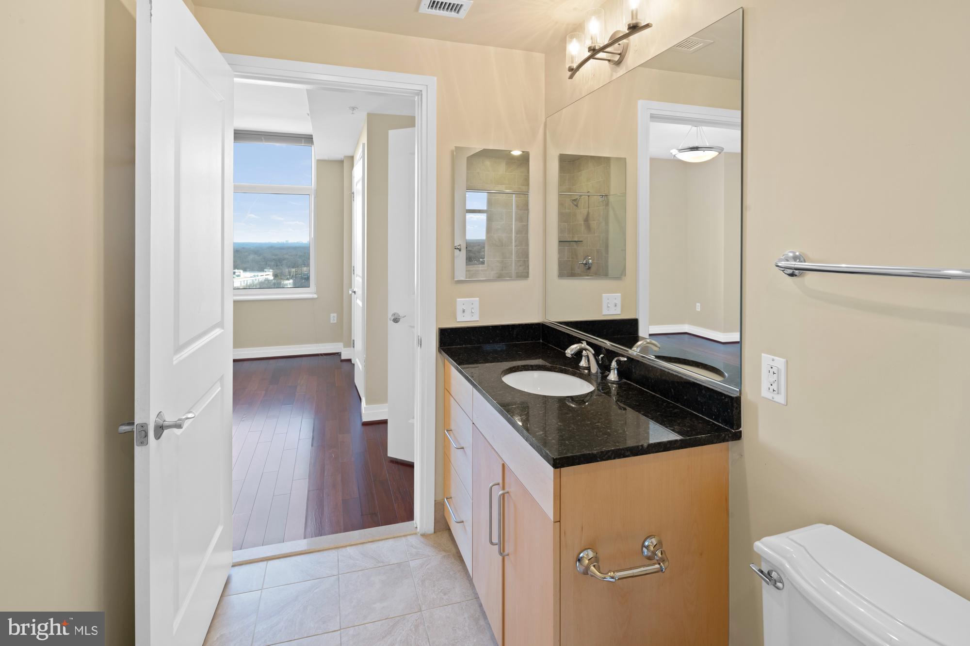 8220 Crestwood Heights Drive, Unit 1215 McLean, VA 22102 - Photo 30 of 59 a bathroom with a granite countertop sink and a mirror
