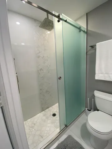 a bathroom with a shower and a toilet