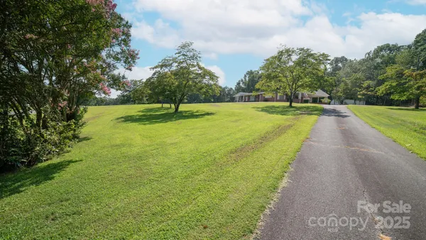a view of a swimming pool with a yard and large trees