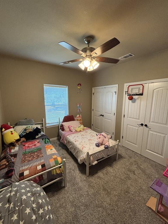 1020 Turkey Meadows Weatherford, TX 76088 - Photo 14 of 21 Bedroom featuring carpet flooring, multiple closets, and a ceiling fan