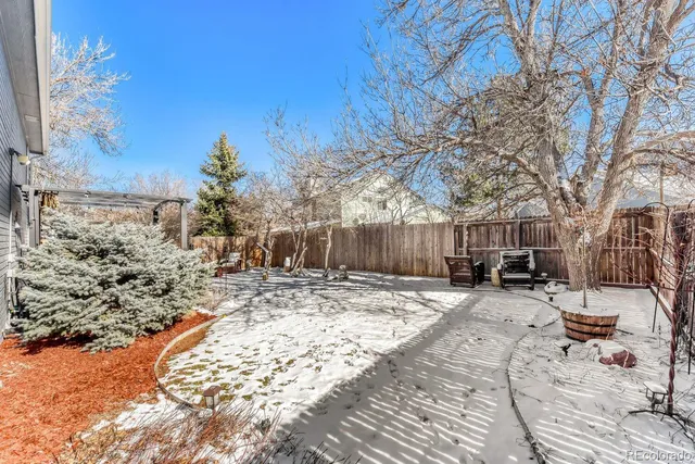 a view of a backyard with large trees