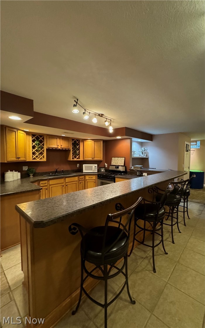 7109 Liberty Road Solon, OH 44139 - Photo 33 of 42 Basement entertainment area with kitchen featuring stainless steel gas range oven, bar area, sink, track lighting, and light tile flooring