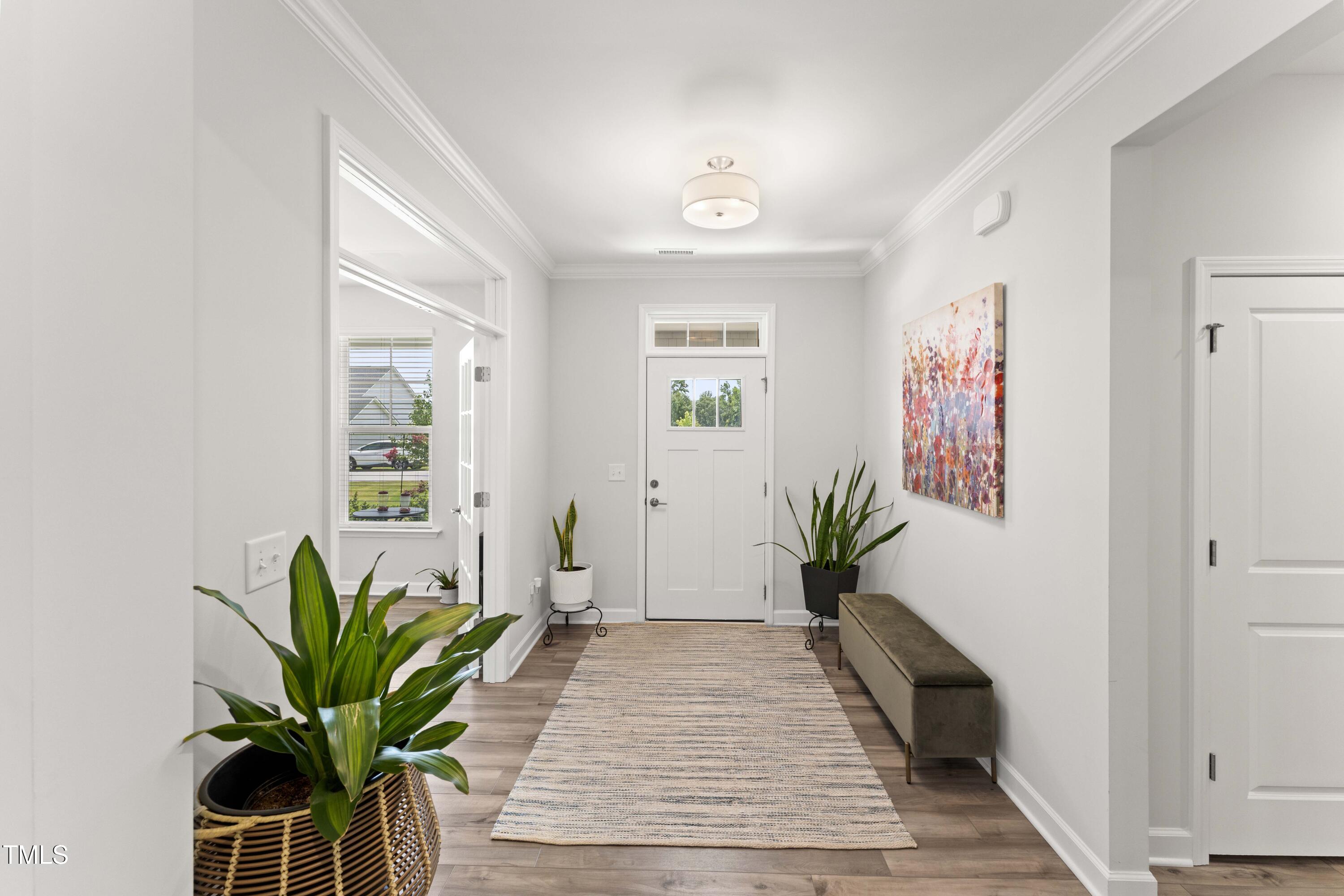 205 Morningside Lane Angier, NC 27501 - Photo 6 of 46 a view of a hallway with wooden floor and a potted plant