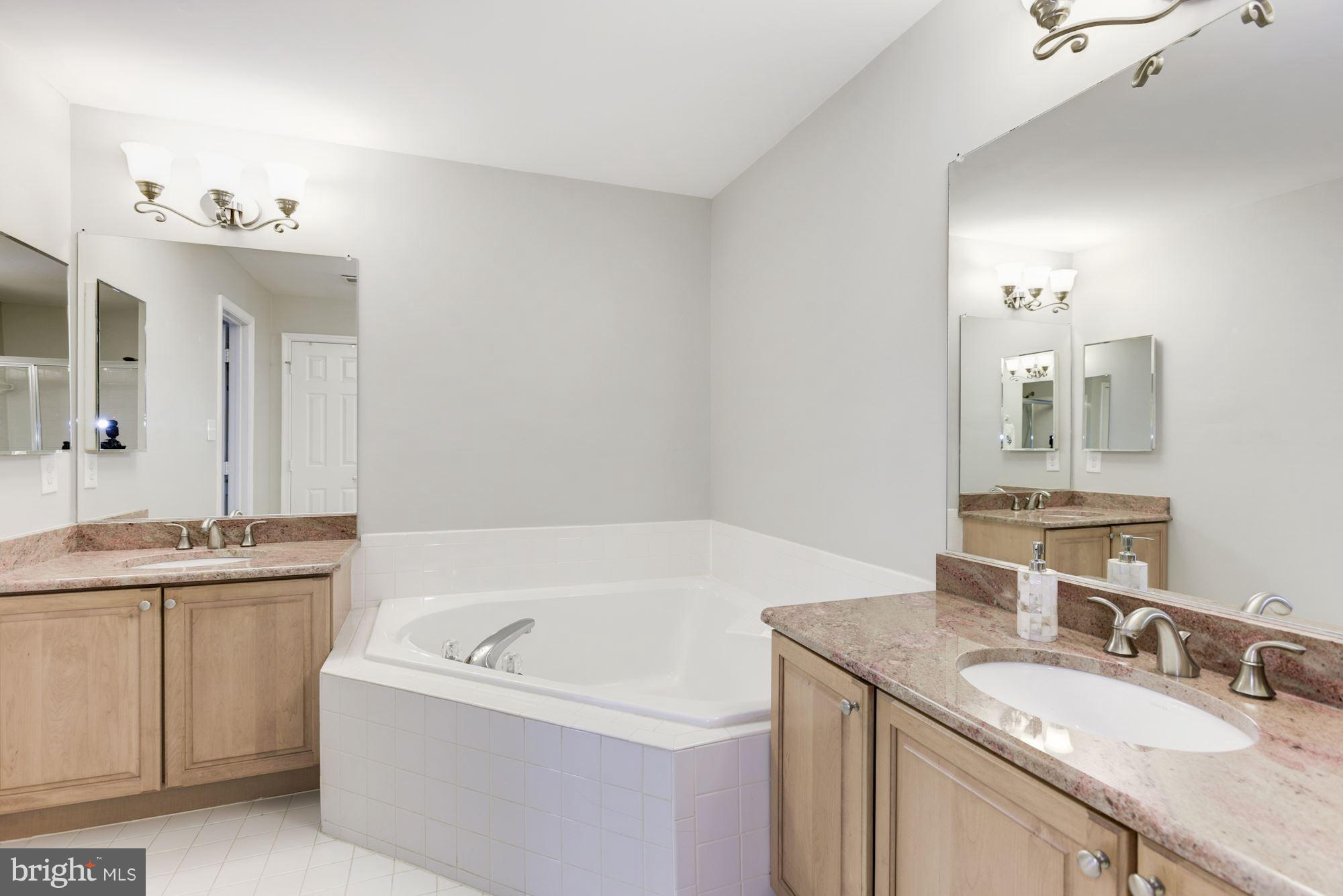 20709 Riptide Square Sterling, VA 20165 - Photo 18 of 30 a bathroom with a granite countertop sink a large mirror a bathtub and