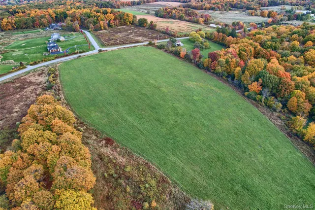 an aerial view of residential houses with outdoor space and trees
