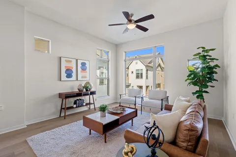 a living room with furniture a potted plant and a window