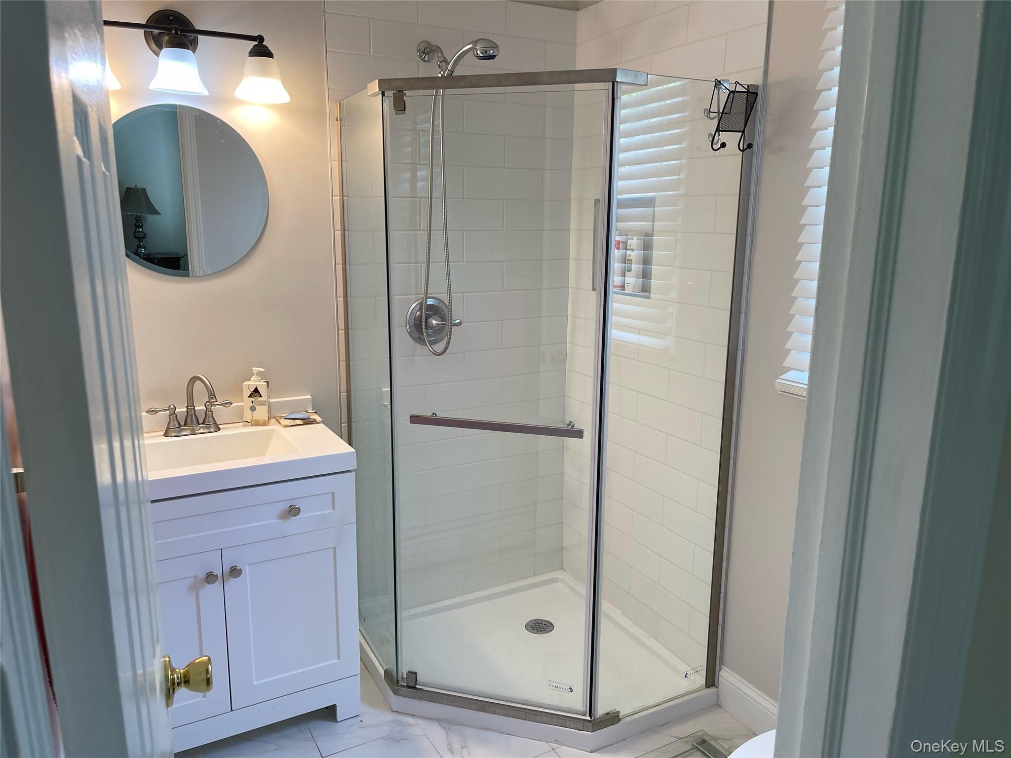 73 South Bedford Road Chappaqua, NY 10514 - Photo 19 of 30 a bathroom with a shower a mirror and a sink