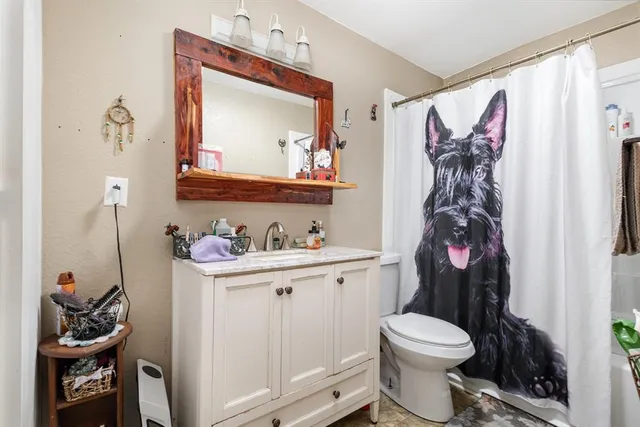 a bathroom with a toilet a sink and a mirror