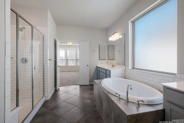 a bathroom with a tub shower vanity and a sink