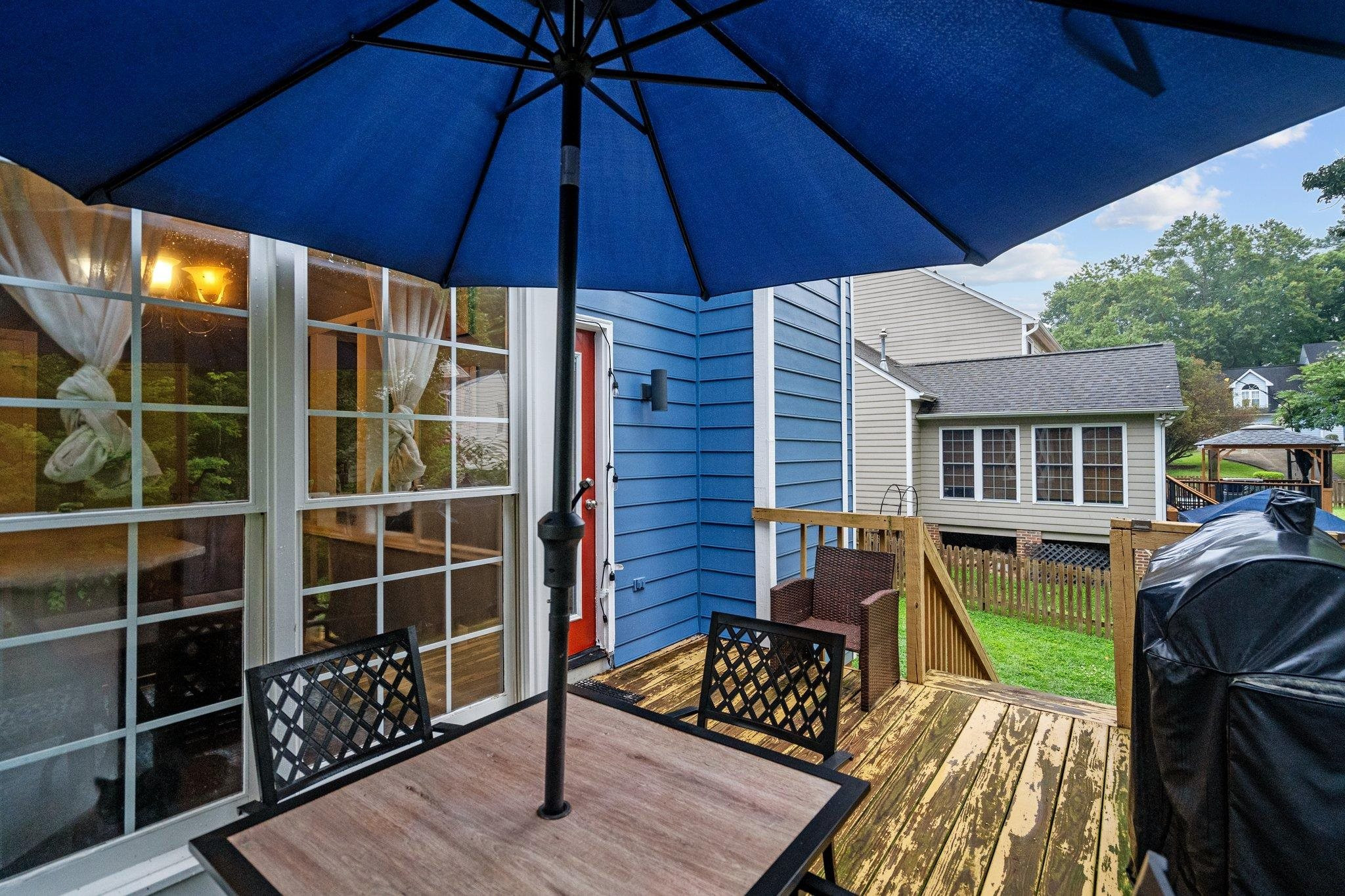 6305 Dry Fork Lane Raleigh, NC 27617 - Photo 39 of 41 a view of a deck with table and chairs under an umbrella