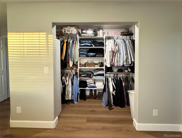 a view of walk in closet with clothes and shoes