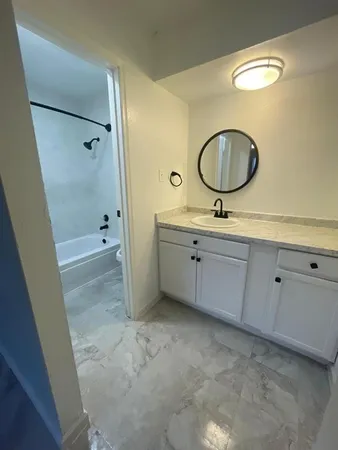 a bathroom with a double vanity sink mirror and shower