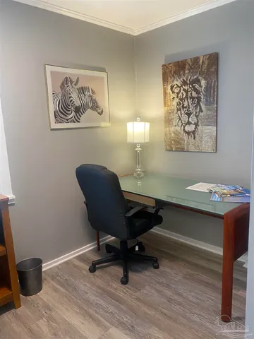 a view of a workspace with furniture and a potted plant