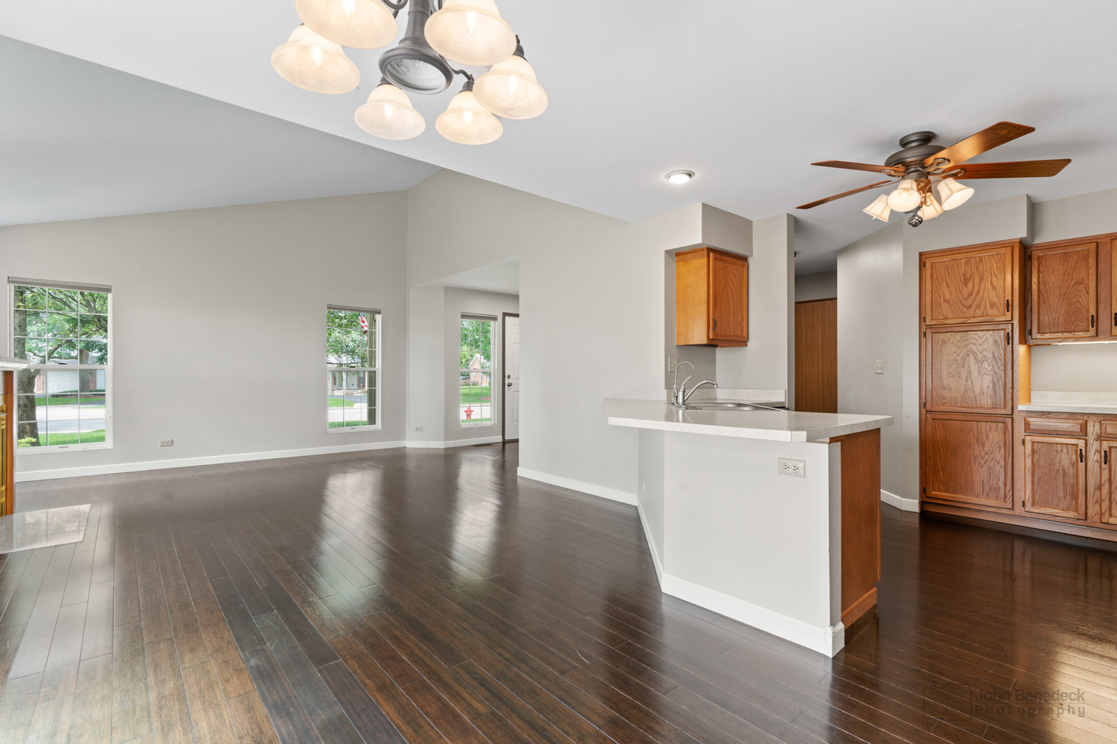 115 Ione Drive, Unit E South Elgin, IL 60177 - Photo 6 of 29 a view of a kitchen with a stove wooden floor and a window