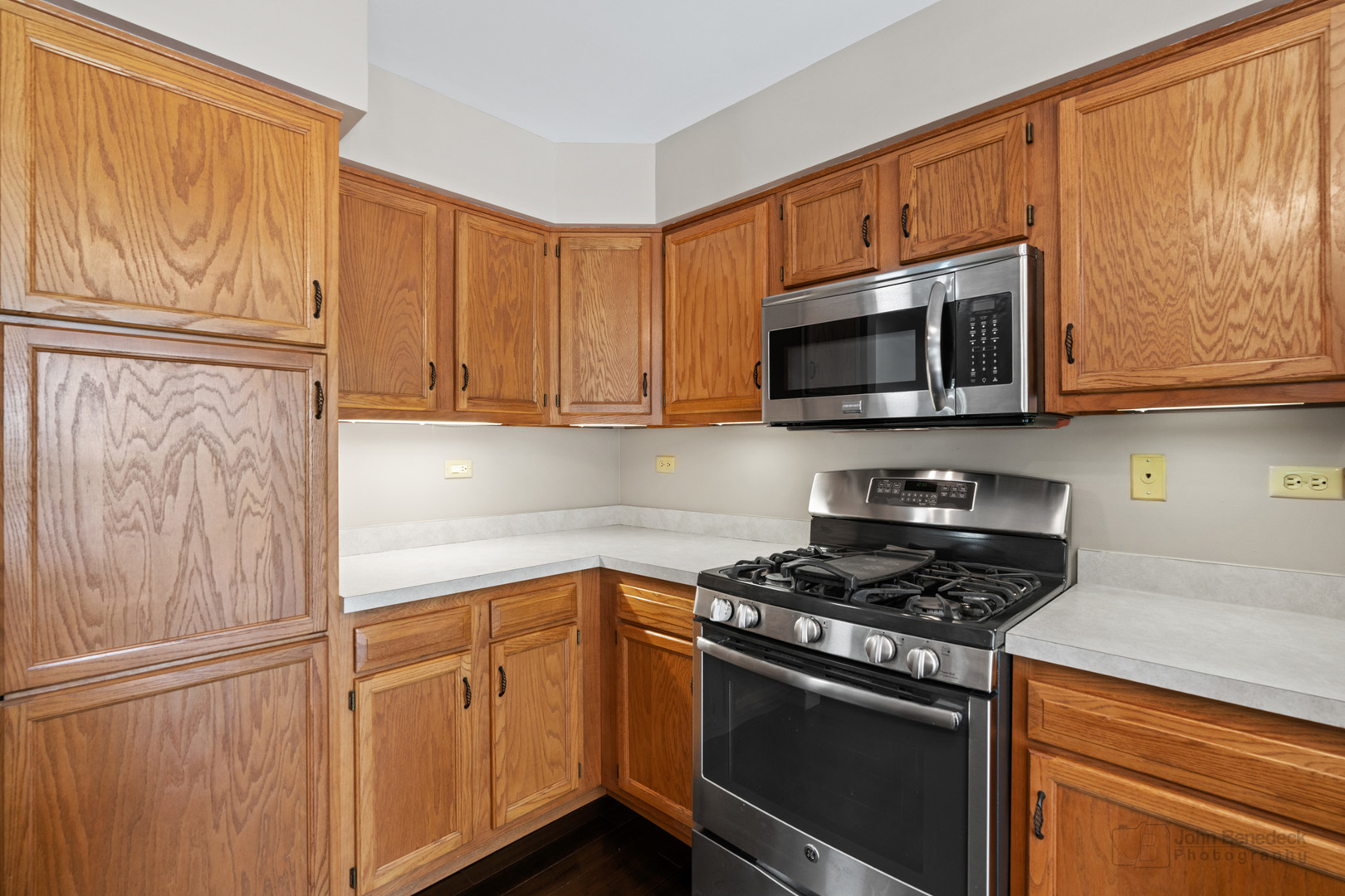 115 Ione Drive, Unit E South Elgin, IL 60177 - Photo 8 of 29 a kitchen with granite countertop cabinets stainless steel appliances and wooden cabinets