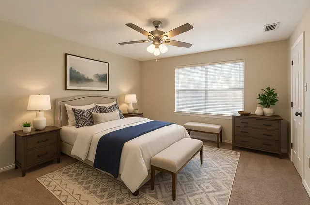 a bedroom with a bed and a window