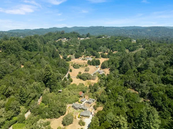 a view of a city with lush green forest