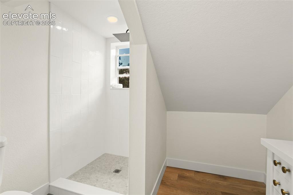 11665 Greentree Road Colorado Springs, CO 80908 - Photo 29 of 43 Full bathroom featuring walk in shower, dark wood finished floors, vanity, and vaulted ceiling