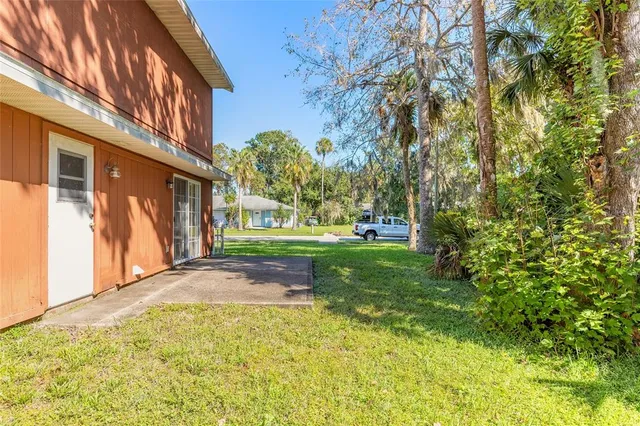 a view of a yard with plants and trees