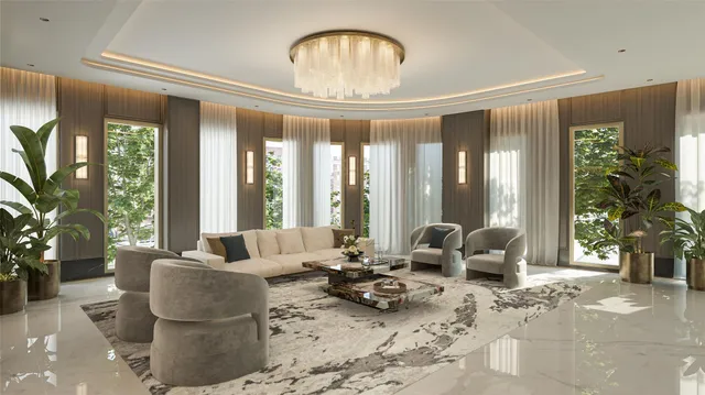 a living room with furniture and a chandelier