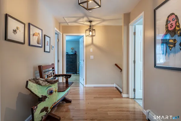 a view of a hallway with workspace