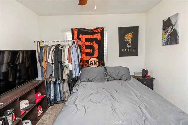 a bedroom with a bed and a closet