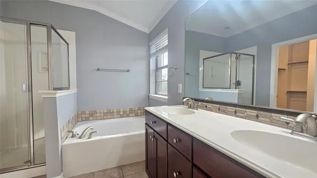 a bathroom with a tub a double vanity sink and mirror