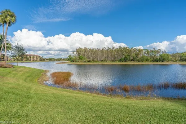 a view of a lake with houses in the back