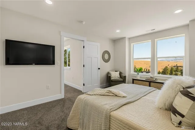 a bedroom with a bed and a flat screen tv