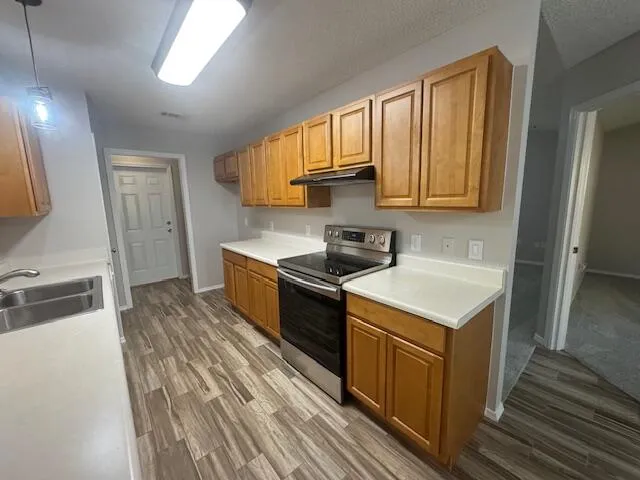 a kitchen with a stove a sink and a refrigerator